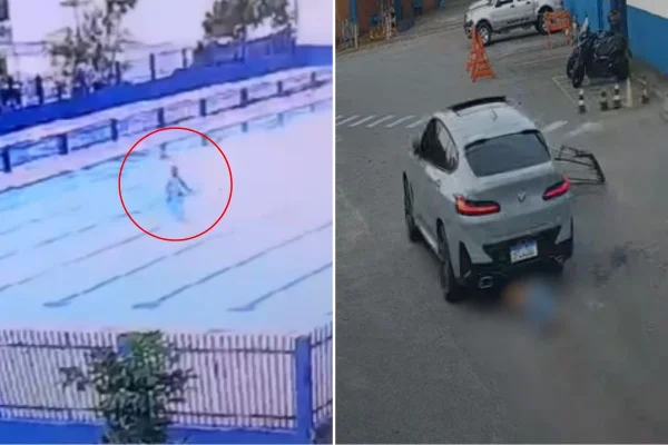 Imagem colorida mostra DJ fugindo da PM em piscina após atropelamento. Metrópoles