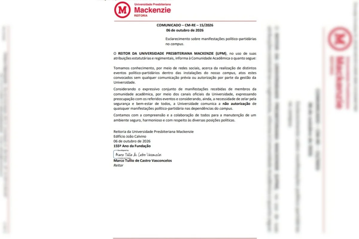 Comunicado enviado pela reitoria do Mackenzie nessa terça (6/10) sobre a proibição das manifestações políticas Comunicado enviado pela reitoria do Mackenzie nessa terça (6/10) sobre a proibição das manifestações políticas