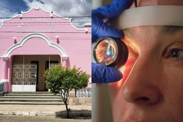 Montagem com foto colorida de Maternidade Graciliano Lordão e foto iliutrativa de consulta oftamológica - Metrópoles