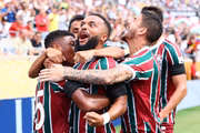 Time do Fluminense comemora gol de Hércules. Time do Fluminense comemora gol de Hércules.