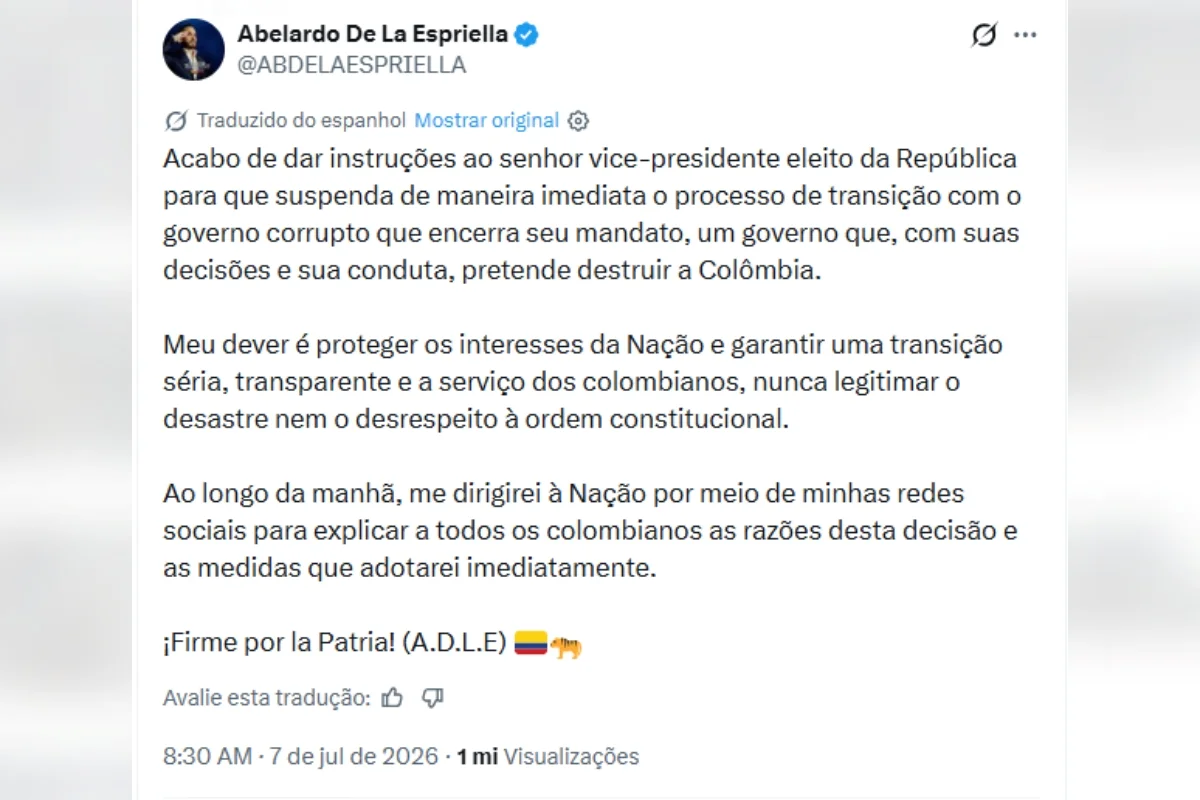 De la Espriella anunciou a suspensão imediata do processo de transição com o governo Petro De la Espriella anunciou a suspensão imediata do processo de transição com o governo Petro