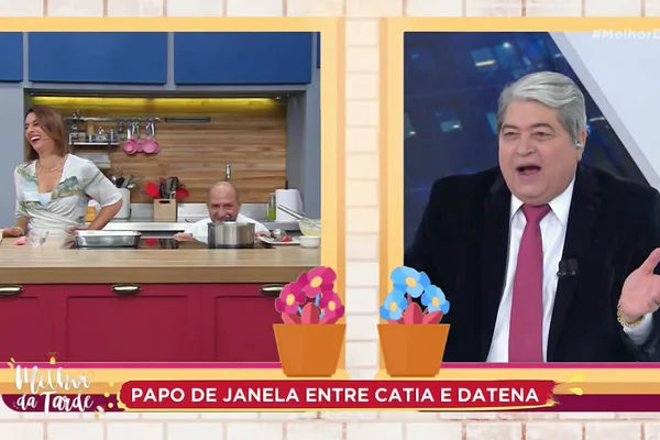 Catia Fonseca ri do chef Neco Guarnieri após piada de José Luiz Datena - Metrópoles