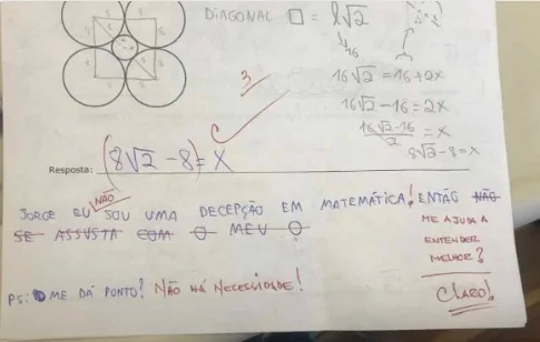 Aluna diz ser uma “decepção” e professor a incentiva a não desistir
