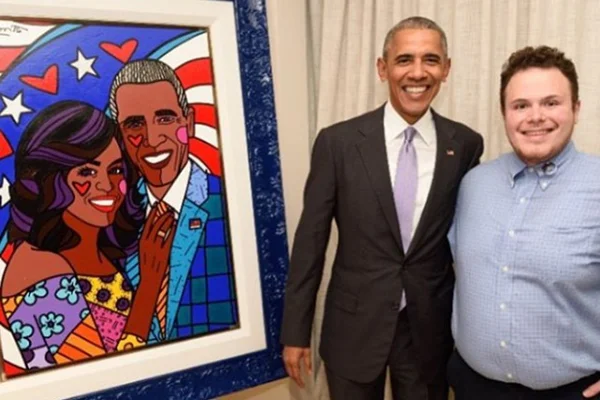Romero Britto entrega quadro super colorido de Michelle e Barack Obama