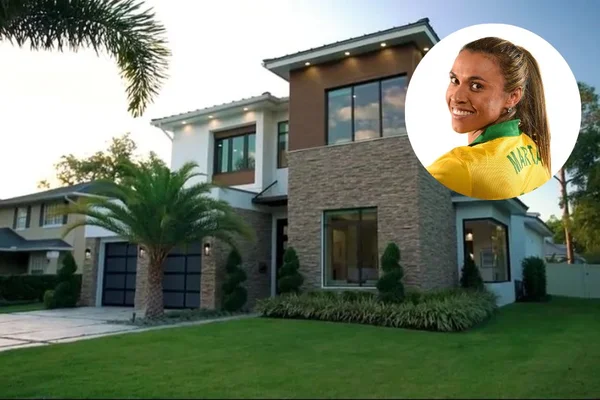 imagem de casa moderna e foto de jogadora de futebol ao lado direito