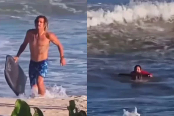 Montagem com fotos coloridas de surfista usando sua prancha de bodyboard para alcançar a mulher - Metrópoles