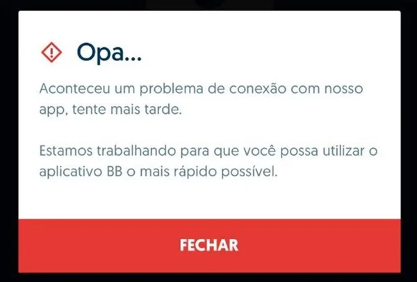 Aviso de erro do app do Banco do Brasil
