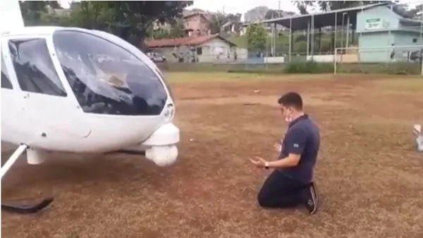Após pouso forçado, piloto de helicóptero da TV Globo se ajoelha e reza: ‘Graças a Deus estamos todos bem’