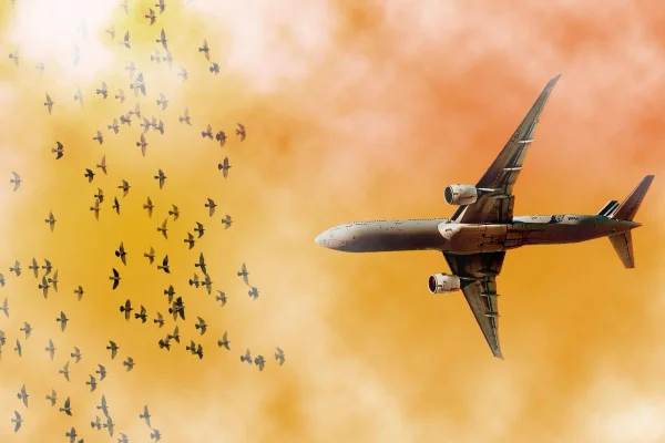 imagem colorida de arte com avião e pássaros - Metrópoles