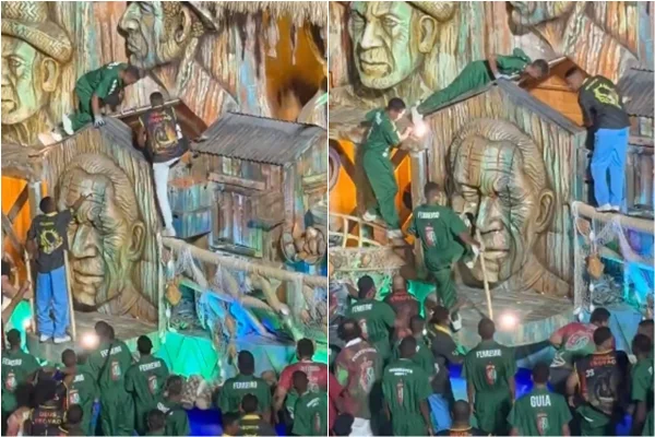 Montagem de imagens mostra acidente em carro alegórico da Grande Rio no Carnaval 2026 - Metrópoles