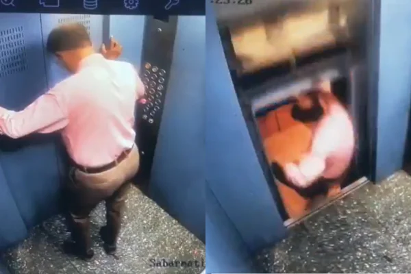 Imagem de câmare de seguranda de elevador mostra homem sofendo acidente
