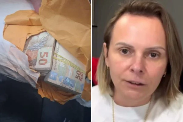 Imagem colorida de delegada com dinheiro em puff. Metrópoles