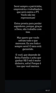 Diretora do SLU zomba do Bolsa Família e de petistas: “Espero que sofram” - imagem 2 Diretora do SLU zomba do Bolsa Família e de petistas: “Espero que sofram” - imagem 2