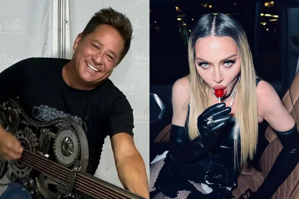 Montagem com fotos coloridas de Leonardo e Madonna - Metrópoles