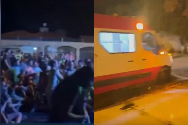 Colagem colorida de duas fotos com alunos à direita e uma ambulância à esquerda - Metrópoles