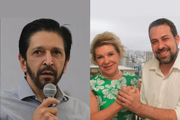 Montagem mostra Ricardo Nunes de um lado e Boulos e Marta de outro