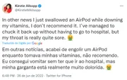 No Twitter, Kirstie Allsopp contou que engoliu o AirPod acidentalmente 