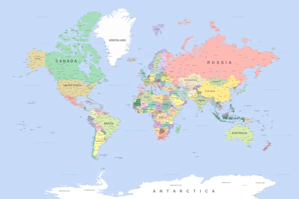 Mapa político do mundo com países de fronteiras. Inclui todos os continentes e a Antártida. Mapa com países, capitais e cidades rotulados. Mapa mundi projeção de Mercator