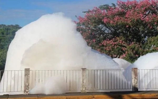 Córrego amanhece coberto de espuma após despejo de detergente em Salto