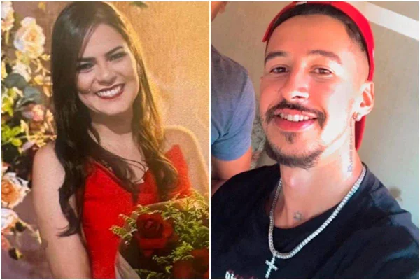 Montagem mulher com vestido vermelho e buquê de rosas nas mãos. Homem de camiseta preta, boné vermelho e corrente de prata - Metrópoles