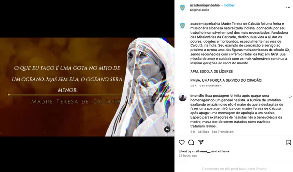 Após exaltar nazista, academia da PM tenta se redimir com Madre Teresa