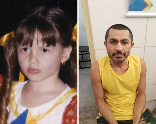 colagem colorida de menina beatriz e acusado de assassinato