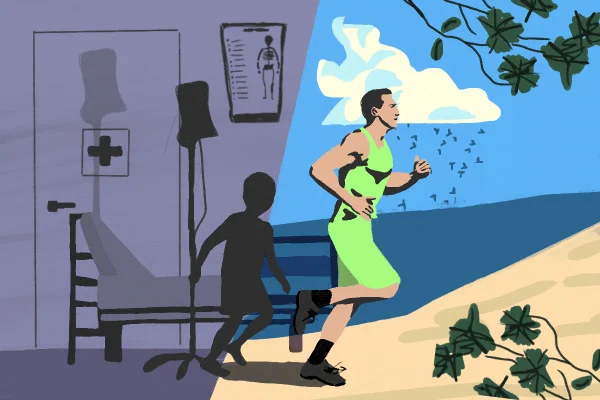Ilustração mostra uma criança em um hospital e um adulto correndo na praia - Metrópoles