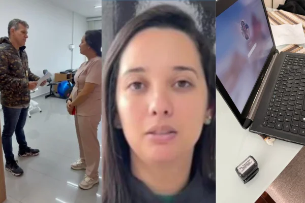 Imagem colorida de montagem com policial, fisioterapeuta e carimbo. Metrópoles