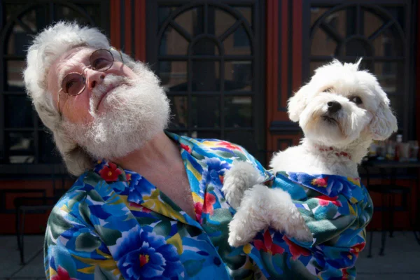 Imagem colorida de cachorro e idoso com roupas combinadas