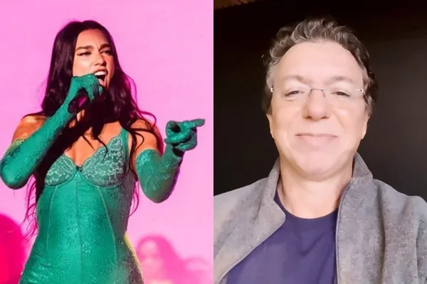 Montagem com fotos de Boninho e Dua Lipa