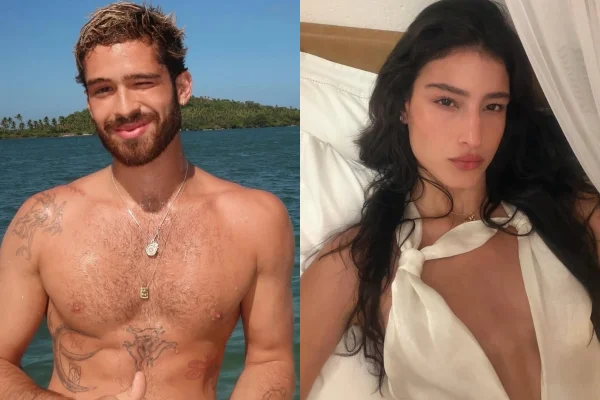 João Guilherme de um lado, sem camisa, e Luiza Perote, modelo, de outro, com uma blusa branca