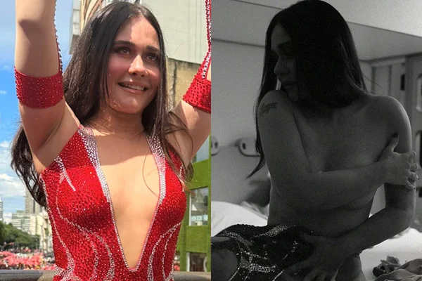 À esquerda, Alessandra Negrini no bloco Acadêmicos do Baixo Augusta; à direita, atriz nua em rede social - Metrópoles