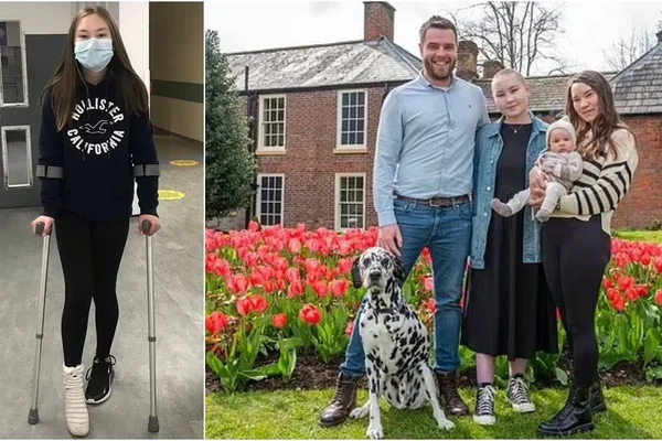 Duas fotos: na primeira, menina de molestas com o pé enfaixado; na segunda, família posa com cachorro em frente a casa - Metrópoles