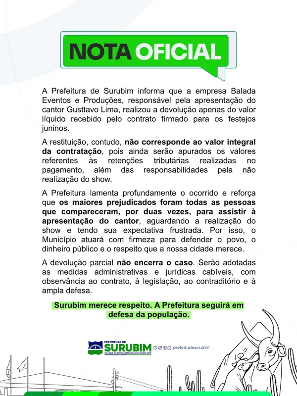 Prefeitura diz que Gusttavo Lima só devolveu parte do cachê de R$ 1,3 milhão - destaque galeria