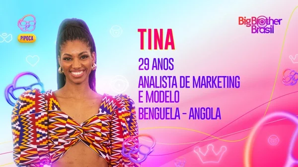Arte oficial da Globo para Tina, analista de marketing e modelo que participará do time pipoca no BBB23. Ela é negra, tem cabelo escuro e trançado preso em rabo de cavalo, olhos pretos e sorri - Metrópoles