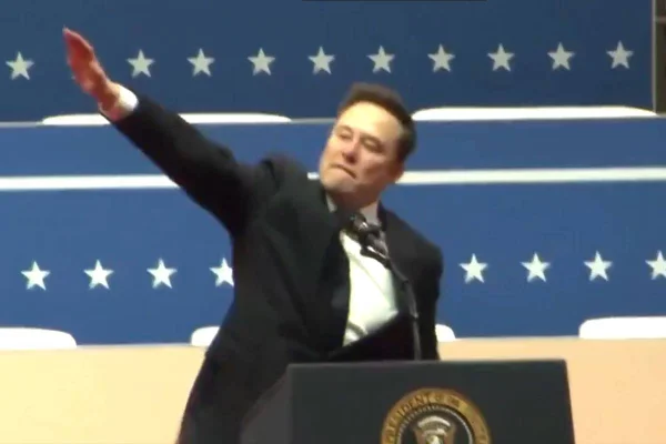 Imagem colorida de Elon Musk fazendo suposta saudação nazista
