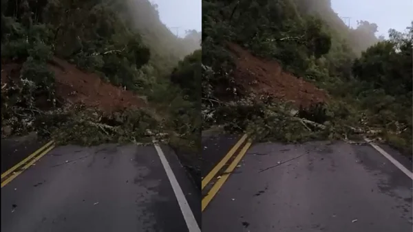 Foto colorida de deslizamento de terra na SC-110, no município de Bom Retiro (SC) - Metrópoles