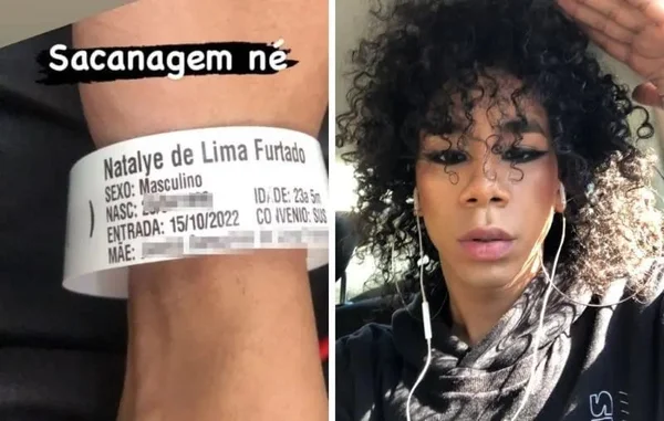 Em fotos justapostas, jovem trans mostra pulseira entregue em hospital que a identificou como do gênero masculino e sua selfie ao lado. Ela é negra, tem delienado nos olhos e usa fones de ouvido com o cabelo caindo sob o rosto - Metrópoles