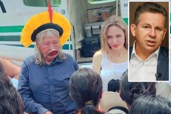 Imagem colirda de Angelina Jolie e o líder indígena Raoni
