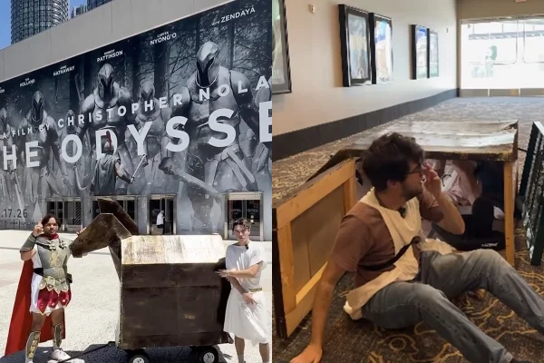Montagem de imagens mostra influenciador escondendo amigos em Cavalo de Troia para assistir A Odisseia - Metrópoles