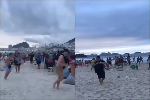 Foto colorida de briga entre torcedores do Fluminense e do Boca Juniors em Copacabana - Metrópoles
