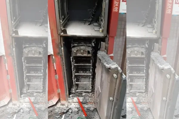 Imagem de caixa eletrônico após ser violado por bandido