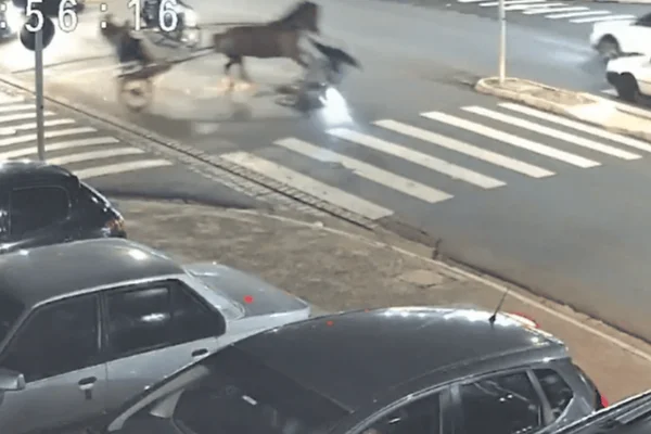 Imagem colorida de uma charrete colidindo com uma motocicleta em um cruzamento de SP - Metrópoles
