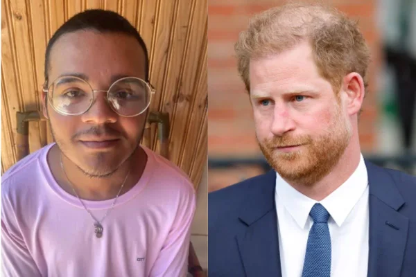 imagem colorida mostra montagem com duas fotos. na esquerda está o estudante da usp, alison. na direita, o príncipe harry