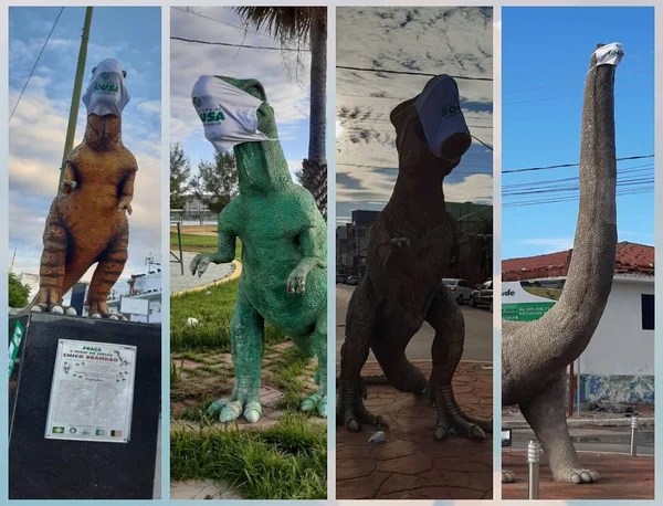 Dinossauros da cidade de Sousa receberam máscaras contra a Covid-19
