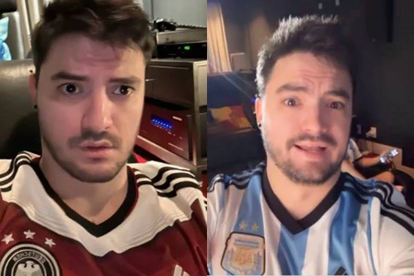 montagem com duas fotos do Felipe Neto, uma com blusa da alemanha e outra com blusa da argentina - metrópoles