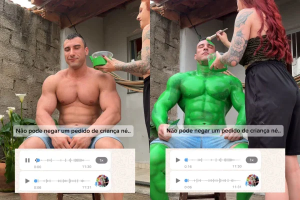 Foto colorida de uma mulher pintando um homem de tinta verde - Metrópoles