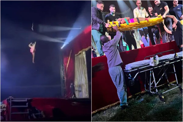 Foto colorida do momento em que artista despenca durante apresentação em circo - Metrópoles