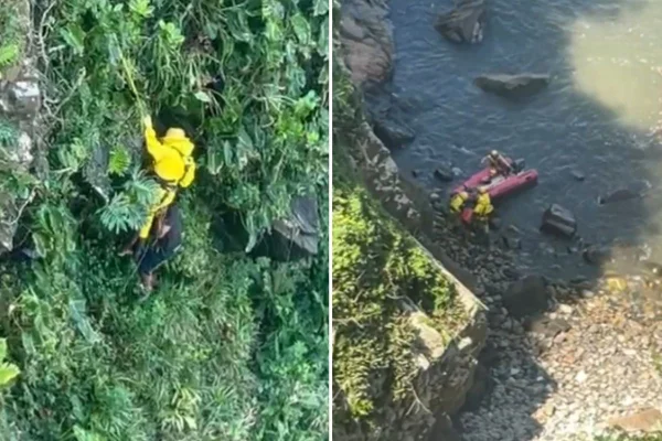 Imagem colorida mostra resgate a homem que pulou de precipício para fugir de ataque de abelhas. Metrópoles