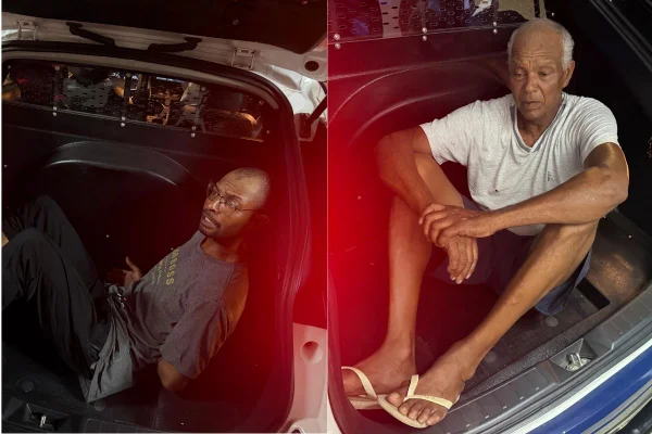 Montagem colorida com foto de pai e filho presos por agredir, jogar e arrastar mulher no interior de São Paulo.